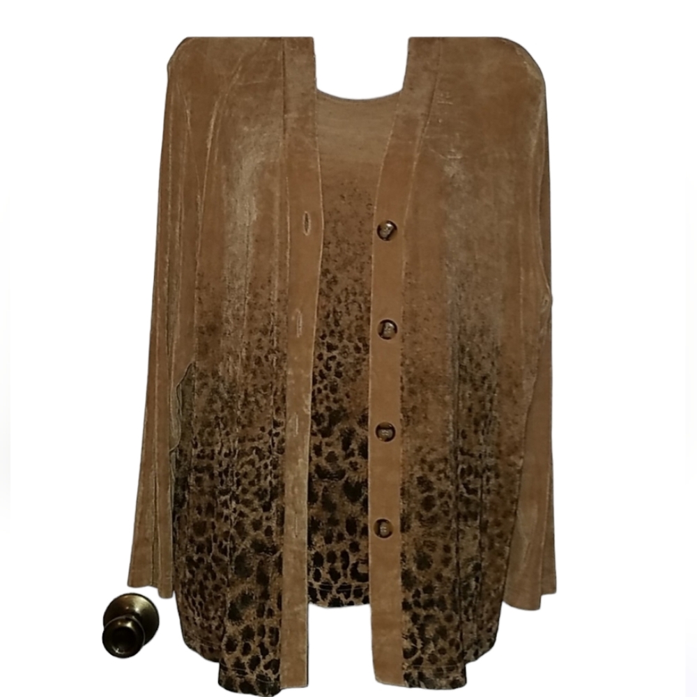 Picadilly Fashions Twinset Beige/Black Leopard Print Travel Knit Size L